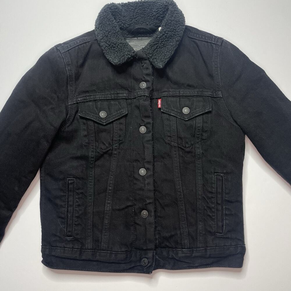 Levi’s Premium Denim Jacket Sherpa Lined Women’s XS Big E Triple Black